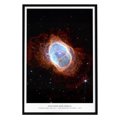 A framed poster of the Southern Ring Nebula, showcasing vibrant colors and intricate details. The image features a central blue region surrounded by orange and red gas and dust, with bright stars scattered throughout the dark background.