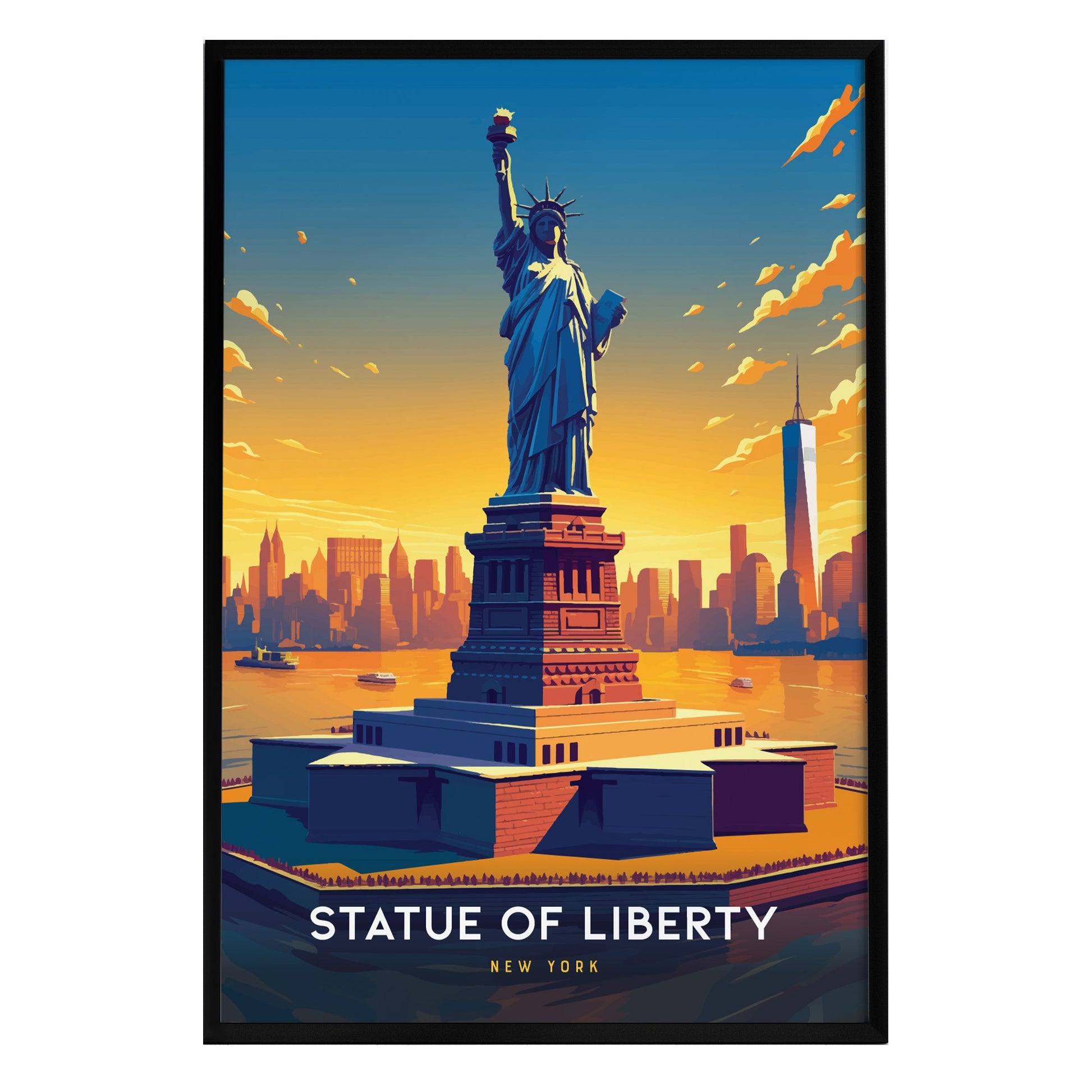 A vibrant poster of the Statue of Liberty stands prominently in the foreground, showcasing Lady Liberty with her torch raised high against a colorful sunset backdrop.
