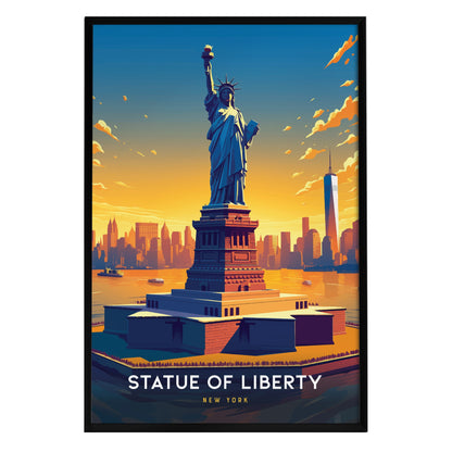 A vibrant poster of the Statue of Liberty stands prominently in the foreground, showcasing Lady Liberty with her torch raised high against a colorful sunset backdrop.