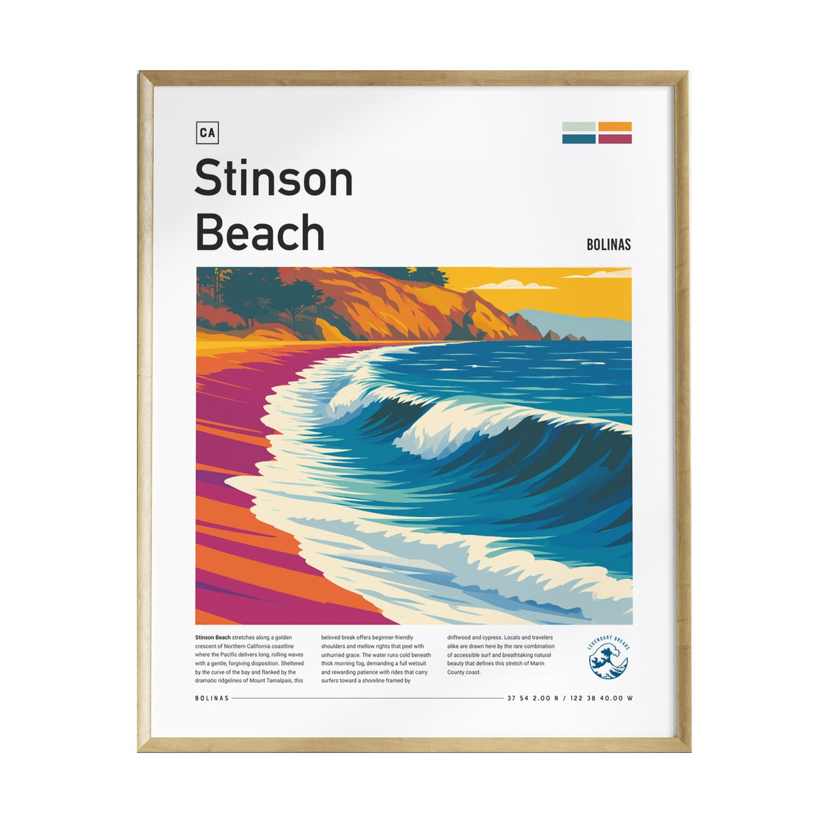 A vibrant poster featuring Stinson Beach, California, showcases rolling waves crashing onto a sandy shore, with colorful cliffs in the background. The artwork includes text and geographic details, framed in a sleek gold border.