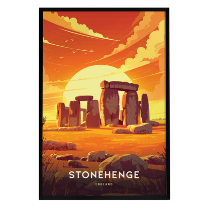 A vibrant poster of Stonehenge features the iconic prehistoric stone circle set against a dramatic sunset sky, with warm orange and yellow hues illuminating the stones and surrounding landscape.