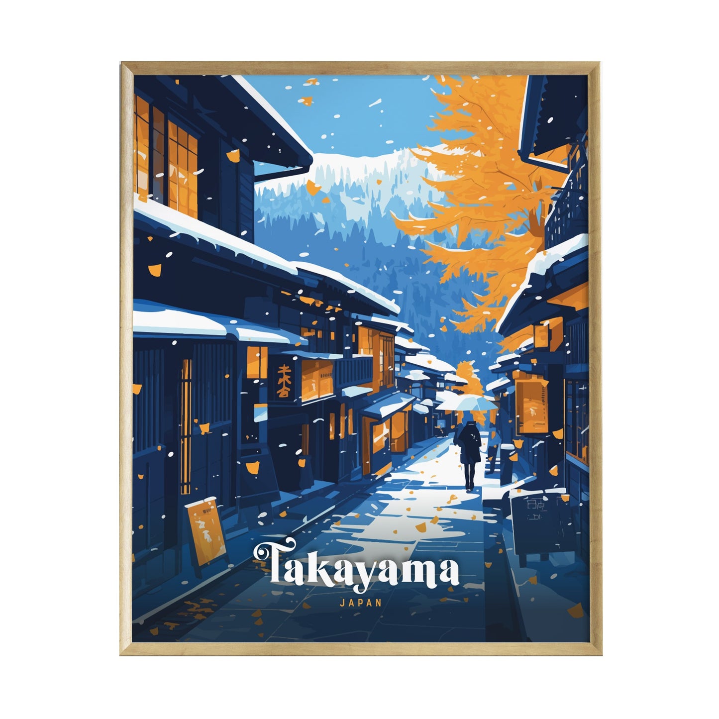 A vibrant illustration of a historic street in Takayama, Japan, showcasing traditional wooden machiya houses with warm orange autumn leaves.
