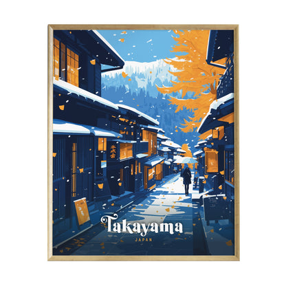 A vibrant illustration of a historic street in Takayama, Japan, showcasing traditional wooden machiya houses with warm orange autumn leaves.