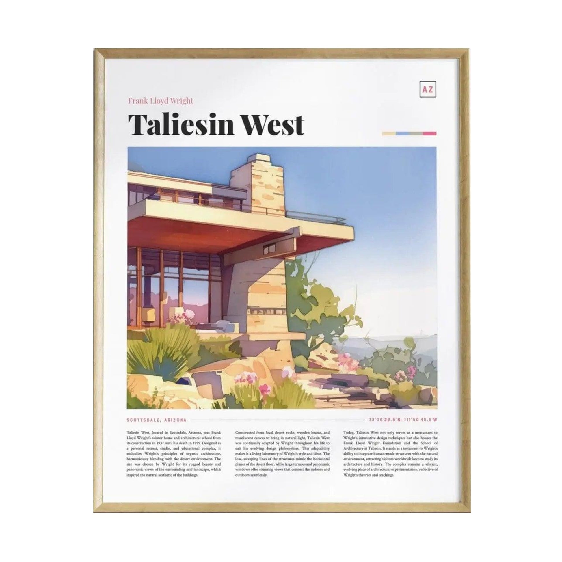 A framed poster of Taliesin West, showcasing Frank Lloyd Wrights iconic architectural design. The artwork features a warm color palette with desert plants and the distinctive structure set against a clear sky, emphasizing its organic.