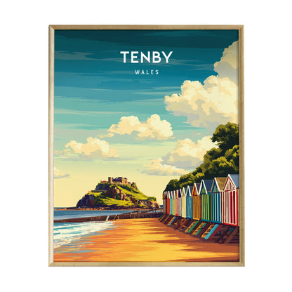 A vibrant illustration of Tenby, Wales, featuring colorful beach huts lined along a sandy shore, with a castle perched on a hill in the background under a bright blue sky filled with fluffy clouds.