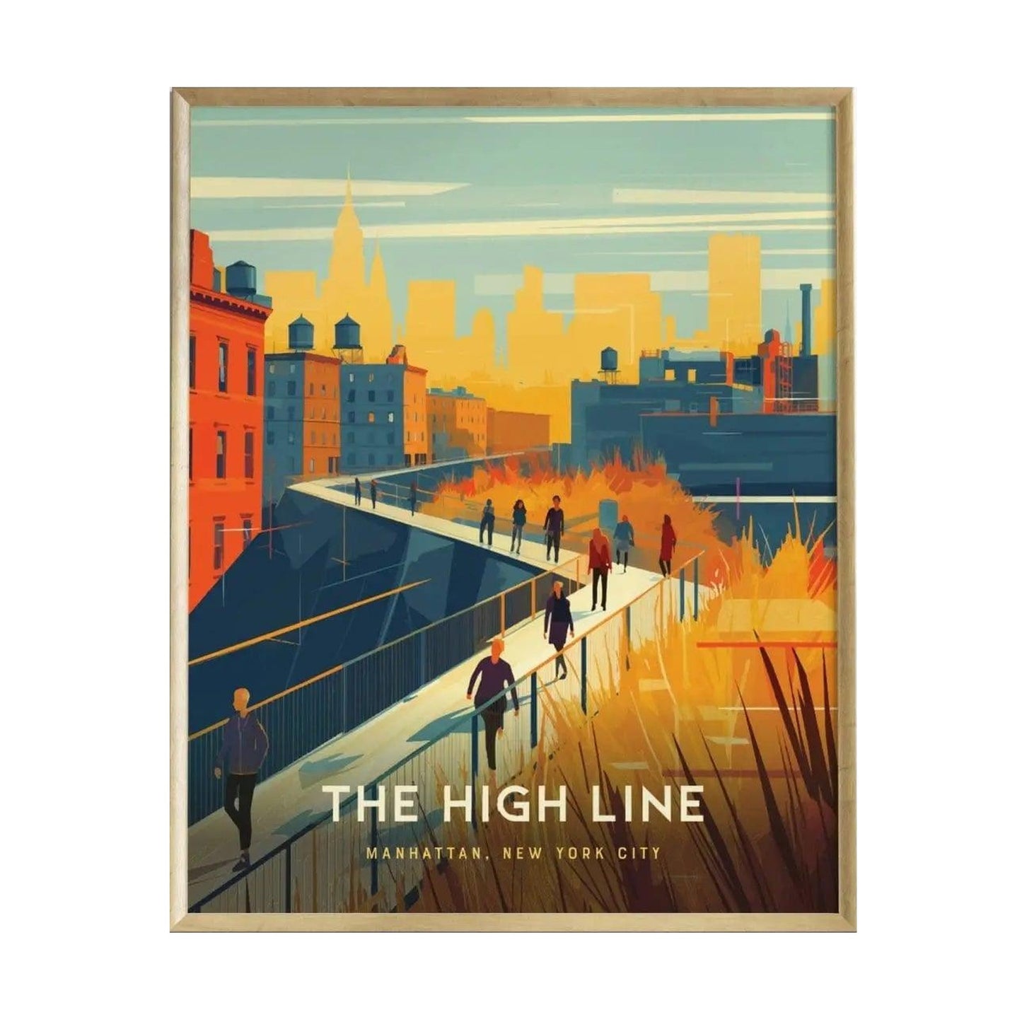 A vibrant illustration of the High Line in Manhattan, showcasing people walking along an elevated pathway surrounded by greenery and modern buildings.