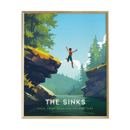 A vibrant illustration of a person leaping from a rock into a crystal-clear swimming hole, surrounded by lush greenery and steep cliffs of The Sinks in Great Smoky Mountains National Park.