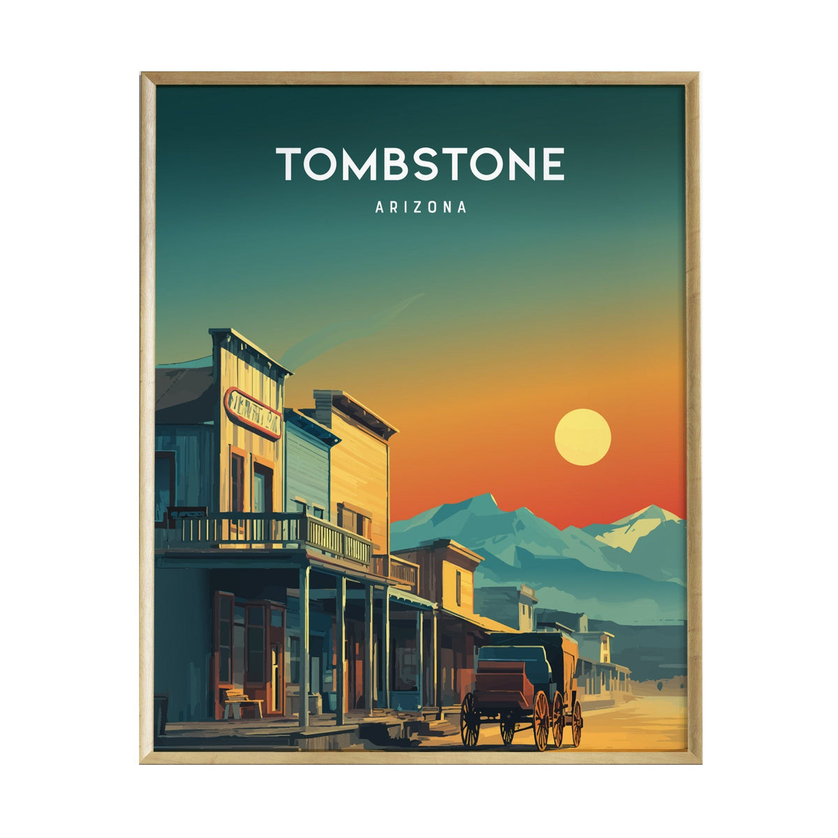 A vibrant illustration of Tombstone, Arizona, featuring weathered wooden storefronts along a dusty street. In the background, mountains are silhouetted against a colorful sunset, enhancing the Wild West theme of the artwork.
