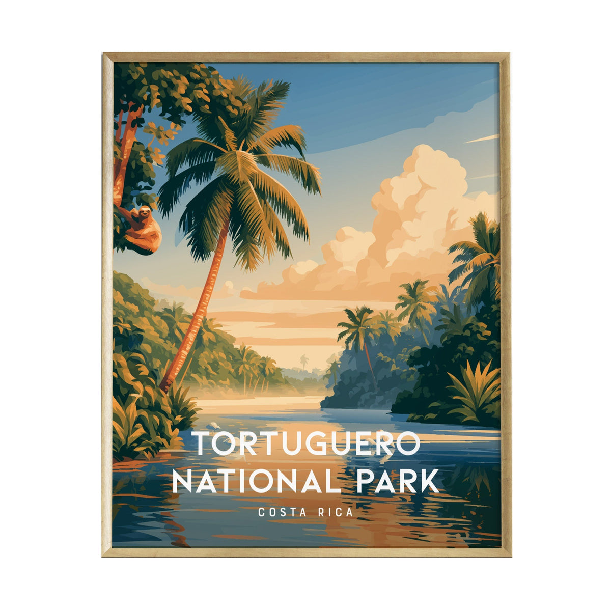 A vibrant poster of Tortuguero National Park in Costa Rica, featuring a serene rainforest scene with palm trees and a river at sunset. The text TORTUGUERO NATIONAL PARK is prominently displayed, enhancing the tropical aesthetic.