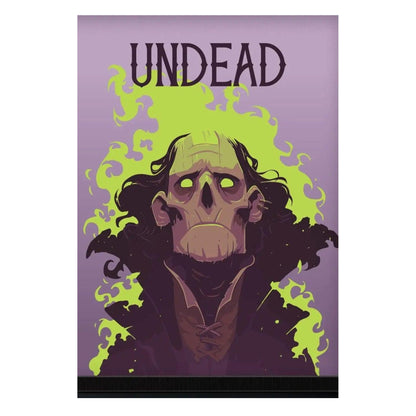 A striking poster features a necromancer with a decayed face and hollow eyes, surrounded by eerie green flames. The bold title UNDEAD is displayed at the top, enhancing the dark fantasy theme of the artwork.