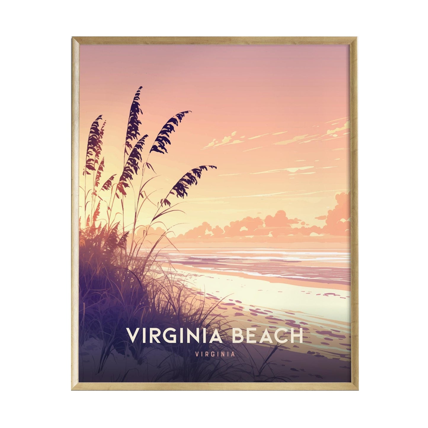A beautifully framed poster showcasing a serene Virginia Beach sunset, with soft pastel hues of pink and orange reflecting over the calm Atlantic Ocean.