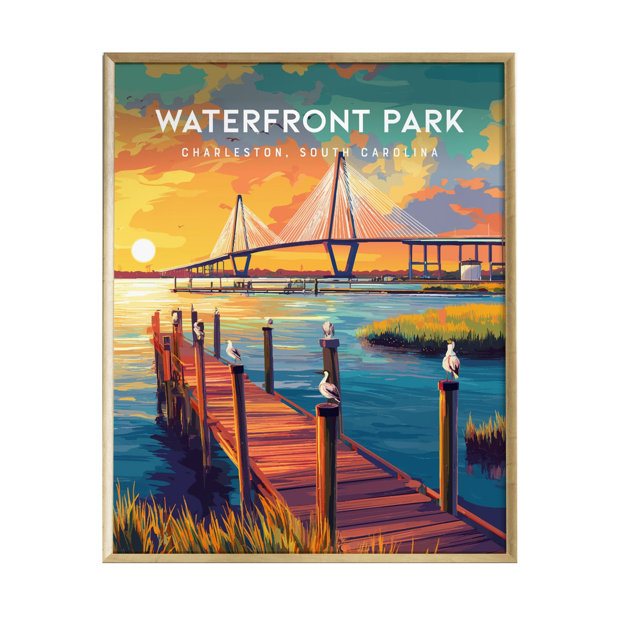 A vibrant poster depicting Waterfront Park in Charleston, South Carolina, featuring a wooden dock leading into a shimmering waterway.
