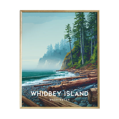 A beautifully illustrated poster of Whidbey Island, Washington, featuring towering evergreens along rugged bluffs and a tranquil shoreline with logs scattered on a pebbly beach.