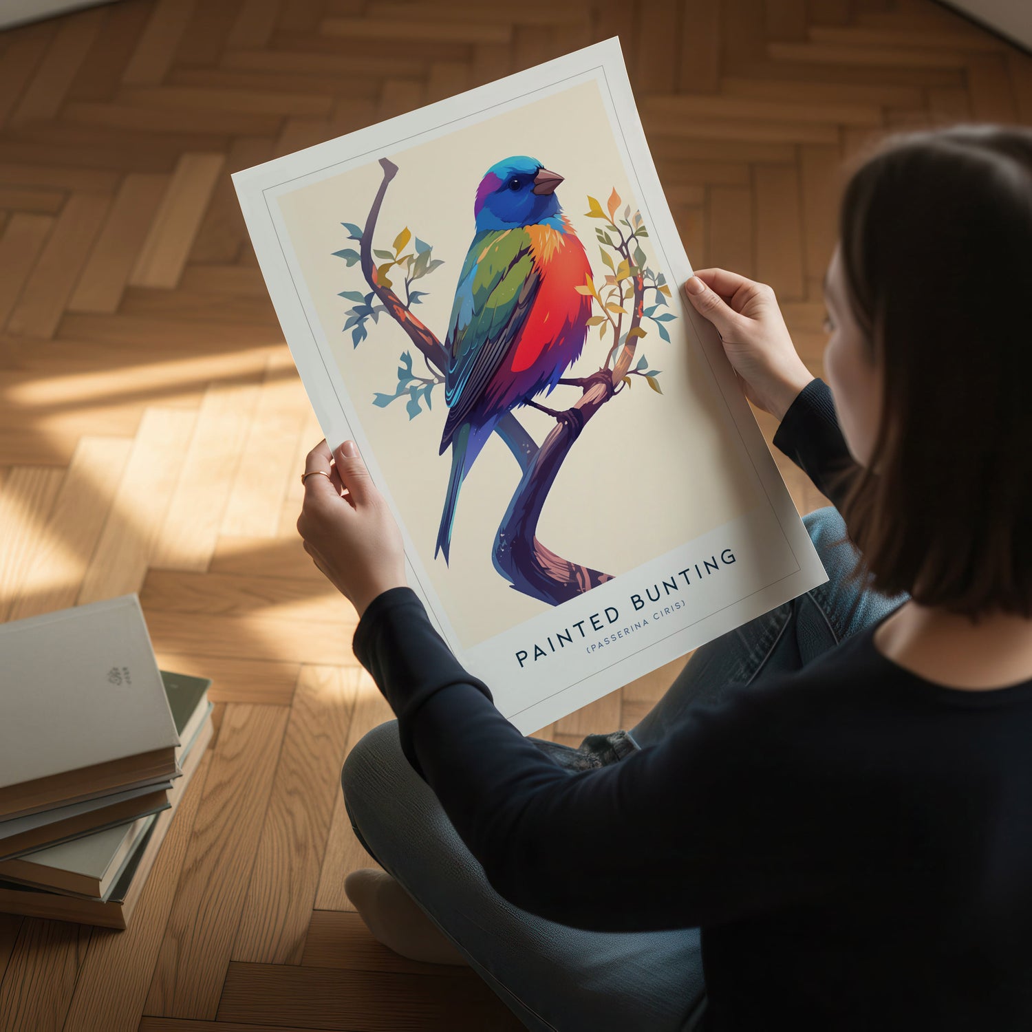 A person is sitting on a wooden floor, holding a colorful print of a painted bunting bird perched on a branch. The warm sunlight casts soft shadows, highlighting the vibrant colors of the artwork and the cozy interior setting.