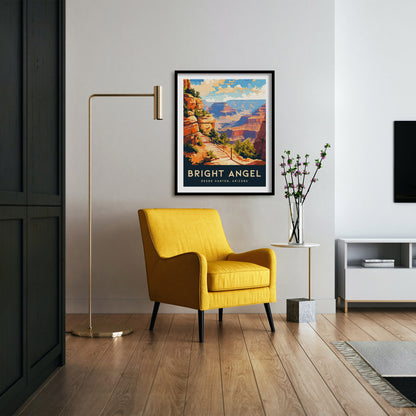 A modern living room features a yellow armchair, a sleek floor lamp, and a vibrant Bright Angel Trail poster of the Grand Canyon on the wall.