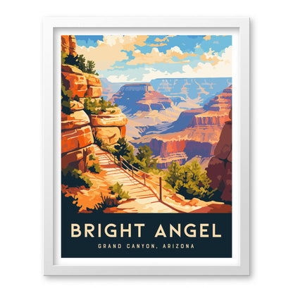 A vibrant illustration of the Bright Angel Trail in the Grand Canyon, featuring a winding path, colorful rock formations, and a clear blue sky.