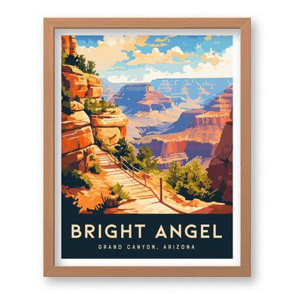 A framed poster of the Bright Angel Trail features a scenic view of the Grand Canyon with vibrant rock formations, a winding path, and a bright blue sky.