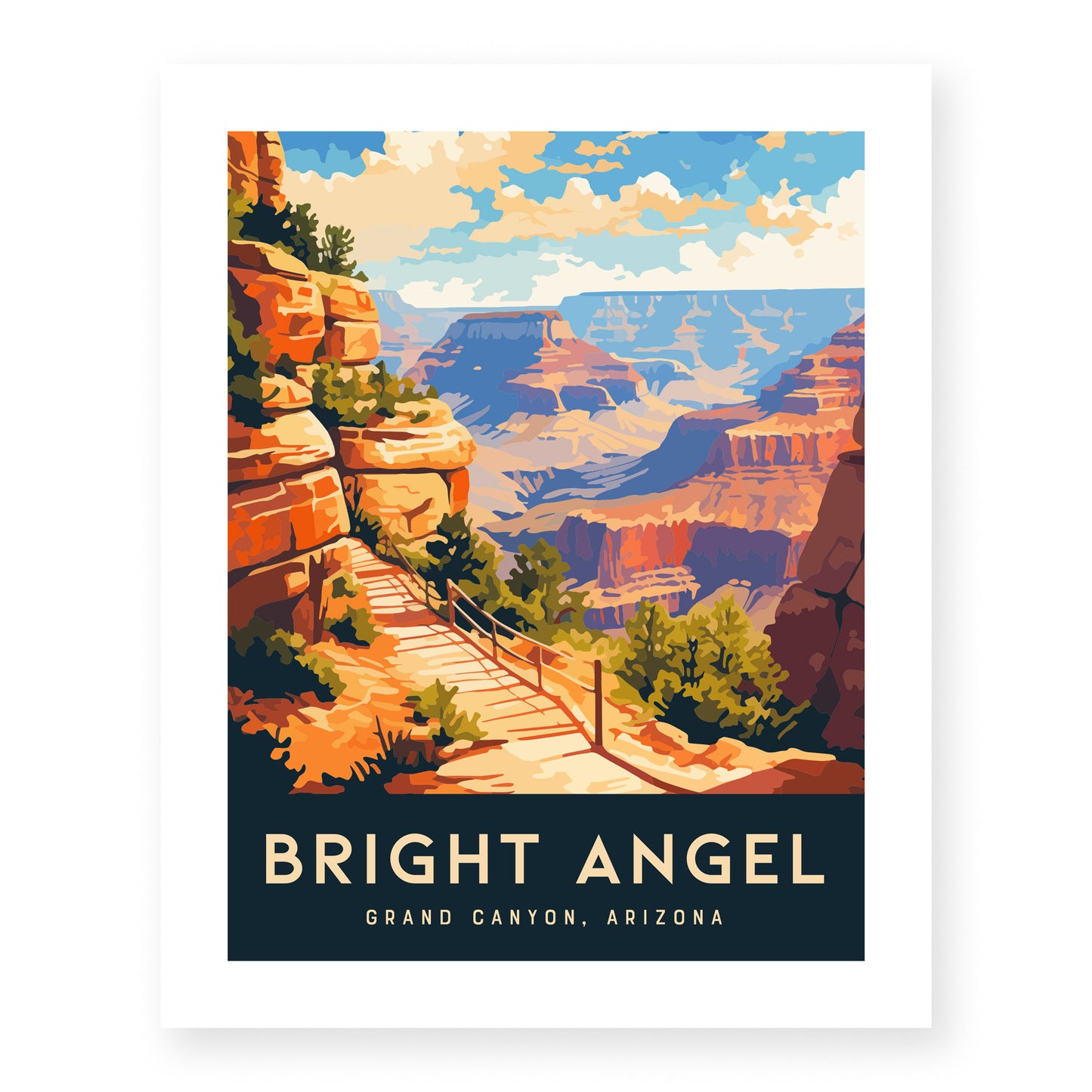 Illustrated poster of Bright Angel Trail in Grand Canyon, Arizona, featuring a pathway along vibrant red rock formations under a bright sky with scattered clouds.