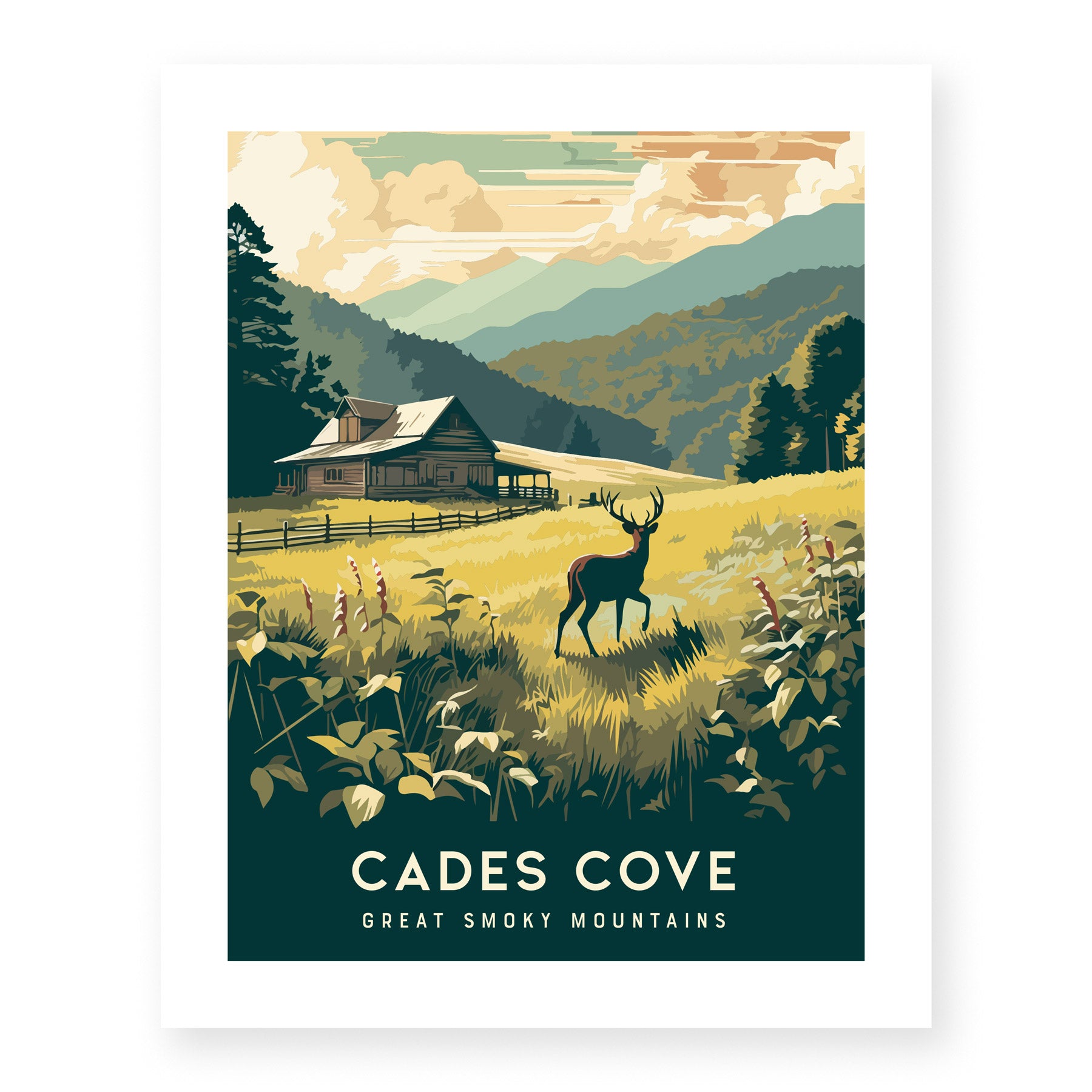 Cades Cove Poster | Great Smoky Mountains Travel Print Wall Art | Framed or Unframed