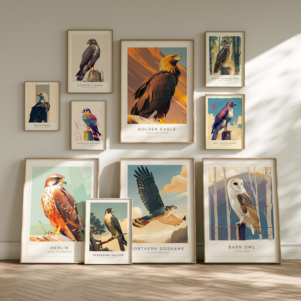 Birds of Prey - Raptors Gallery Wall | Great Horned Owl | Set of 4 Matching Framed Bird Prints