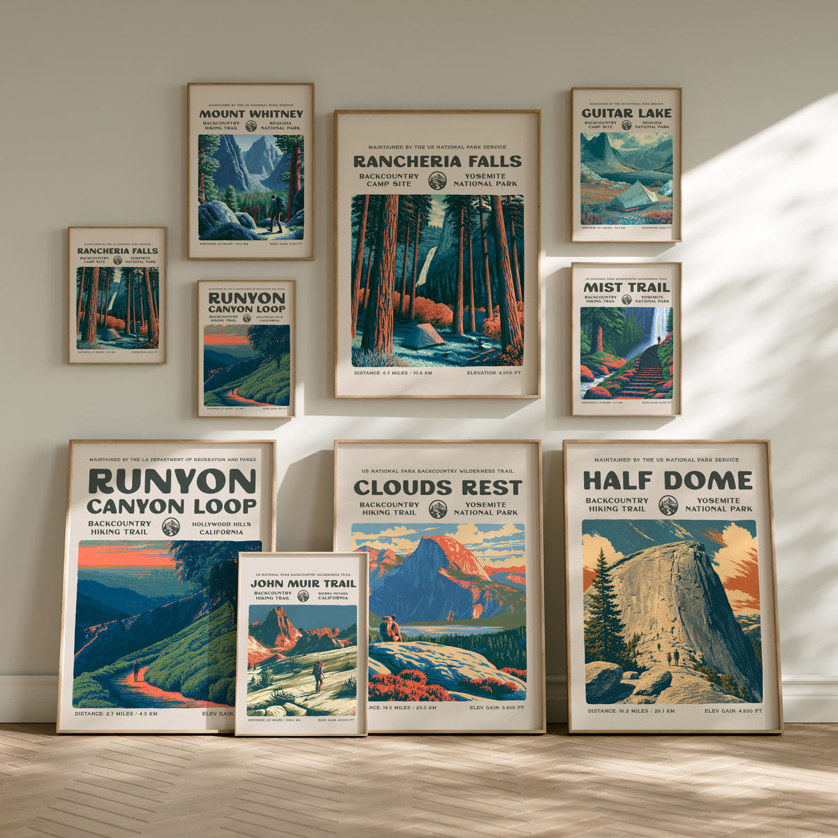 California Trails Gallery Wall | Guitar Lake & Mist Trail | Set of 8 Framed Trail Prints