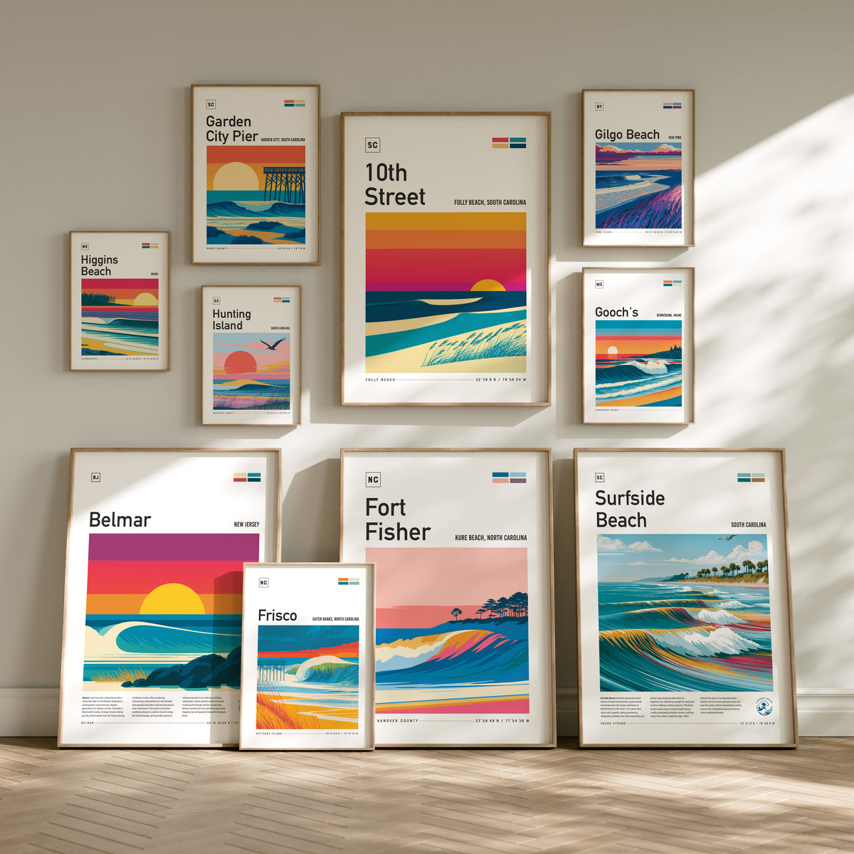 East Coast US Surf Spots Gallery Wall | Jennette's Pier | Set of 3 Framed Surf Prints