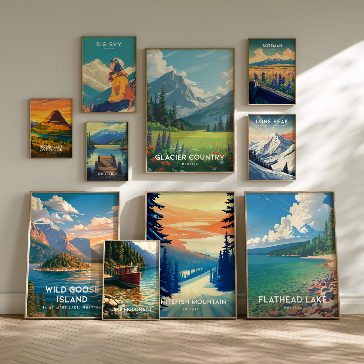 Montana Gallery Wall | Lone Peak, Hidden Lake Overlook & Whitefish | Set of 5 Framed Prints