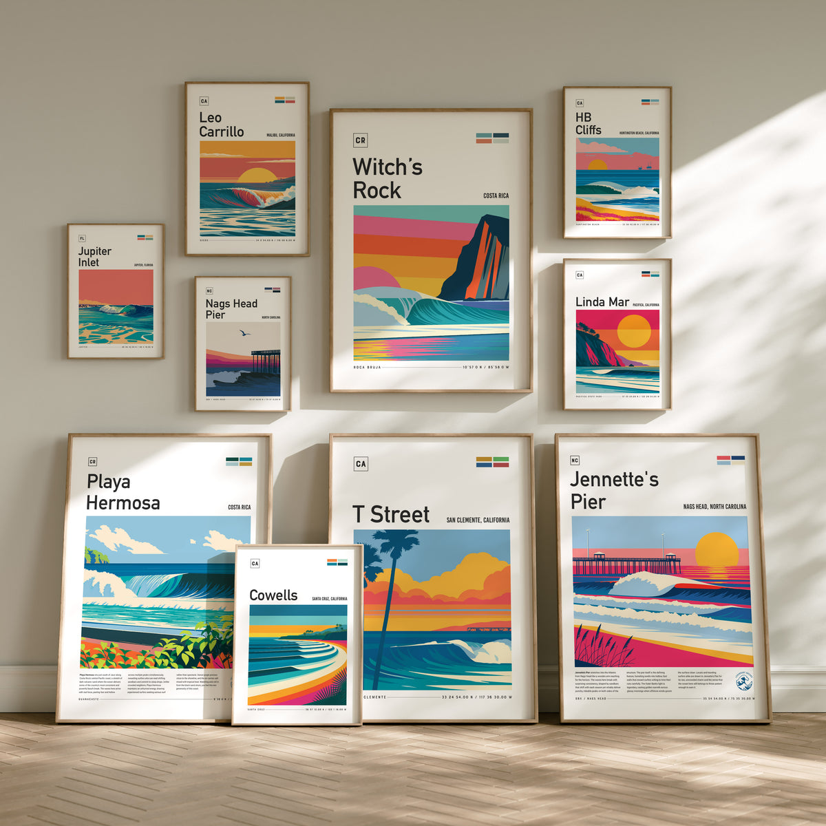 Surf Spots Gallery Wall | 6 Symmetrical Posters Framed Grid Surfer Gift