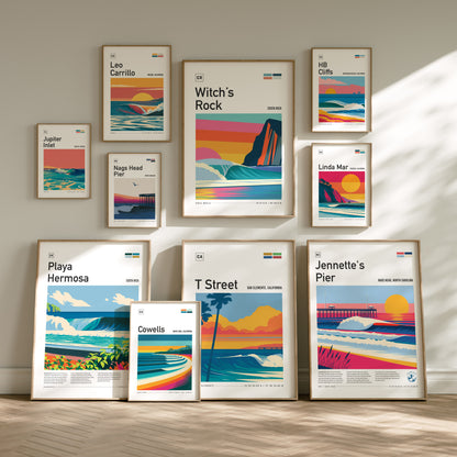 Surf Spots Gallery Wall | 6 Symmetrical Posters Framed Grid Surfer Gift
