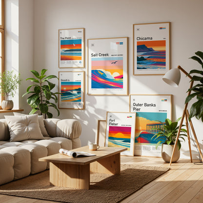 Surf Spots Gallery Wall | 8 Symmetrical Posters Framed Grid Surfer Gift