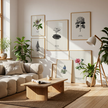 Flowers Pen & Ink Gallery Wall | Set of 4 | Botanical Prints | Living Room Decor