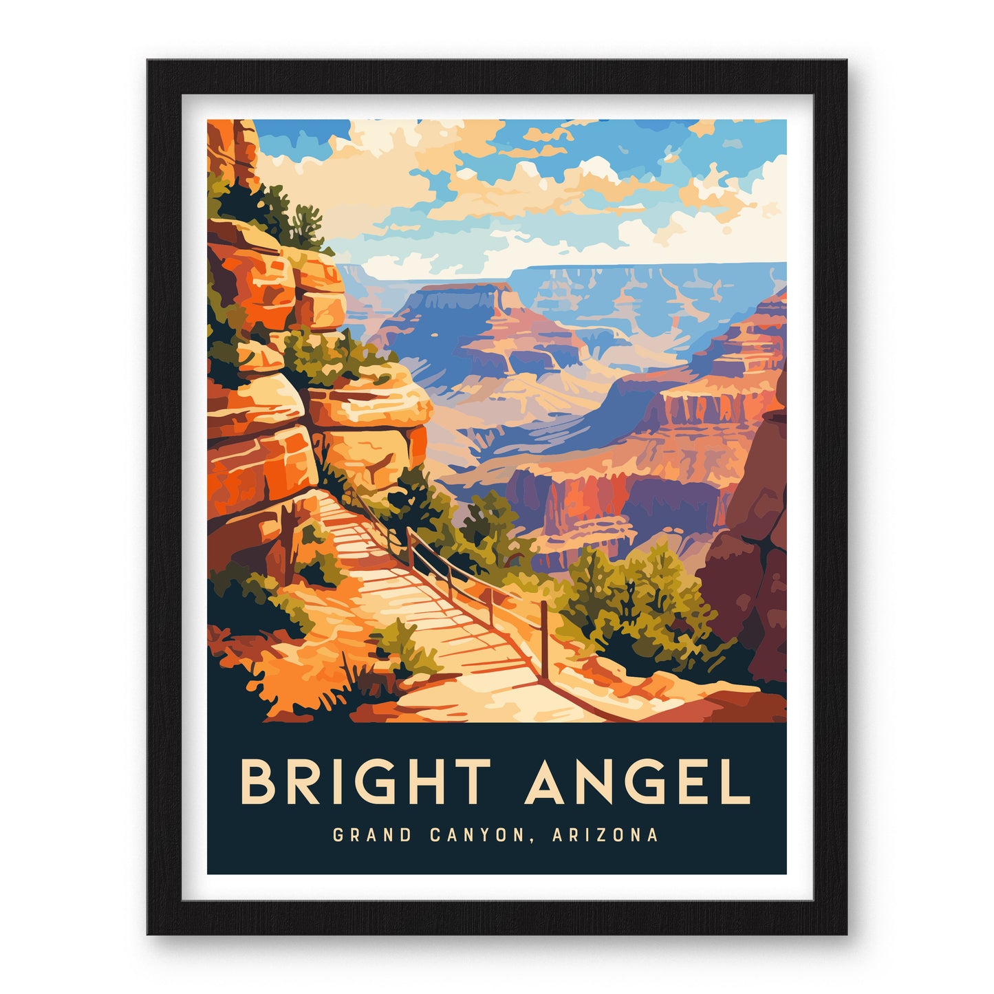 Poster of Bright Angel Trail at the Grand Canyon, depicting a scenic pathway with red rock formations, lush greenery, and expansive canyon views under a vibrant sky.