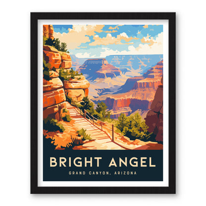 Poster of Bright Angel Trail at the Grand Canyon, depicting a scenic pathway with red rock formations, lush greenery, and expansive canyon views under a vibrant sky.