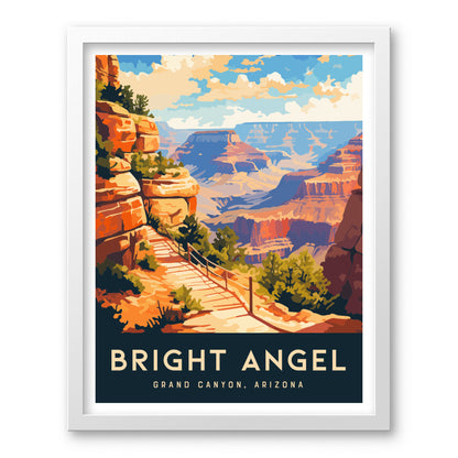 A vibrant poster of the Bright Angel Trail in the Grand Canyon, featuring a scenic path with rocky formations and lush greenery under a blue sky.