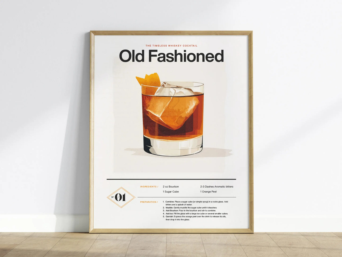 Old Fashioned Cocktail Framed Poster | Timeless Whiskey Drink Minimalist Design | Kentucky Bourbon Drinker Gift | Kitchen Bar Home Decor