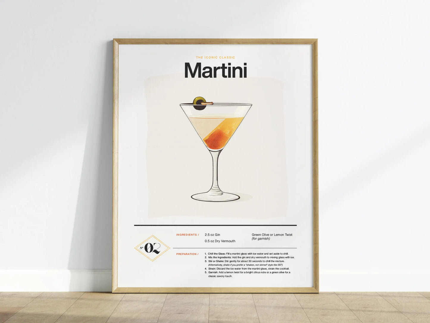 Martini Cocktail Framed Poster | Iconic Gin or Vodka Drink Minimalist Design | Martini Lover Gift | Kitchen Bar Home Decor