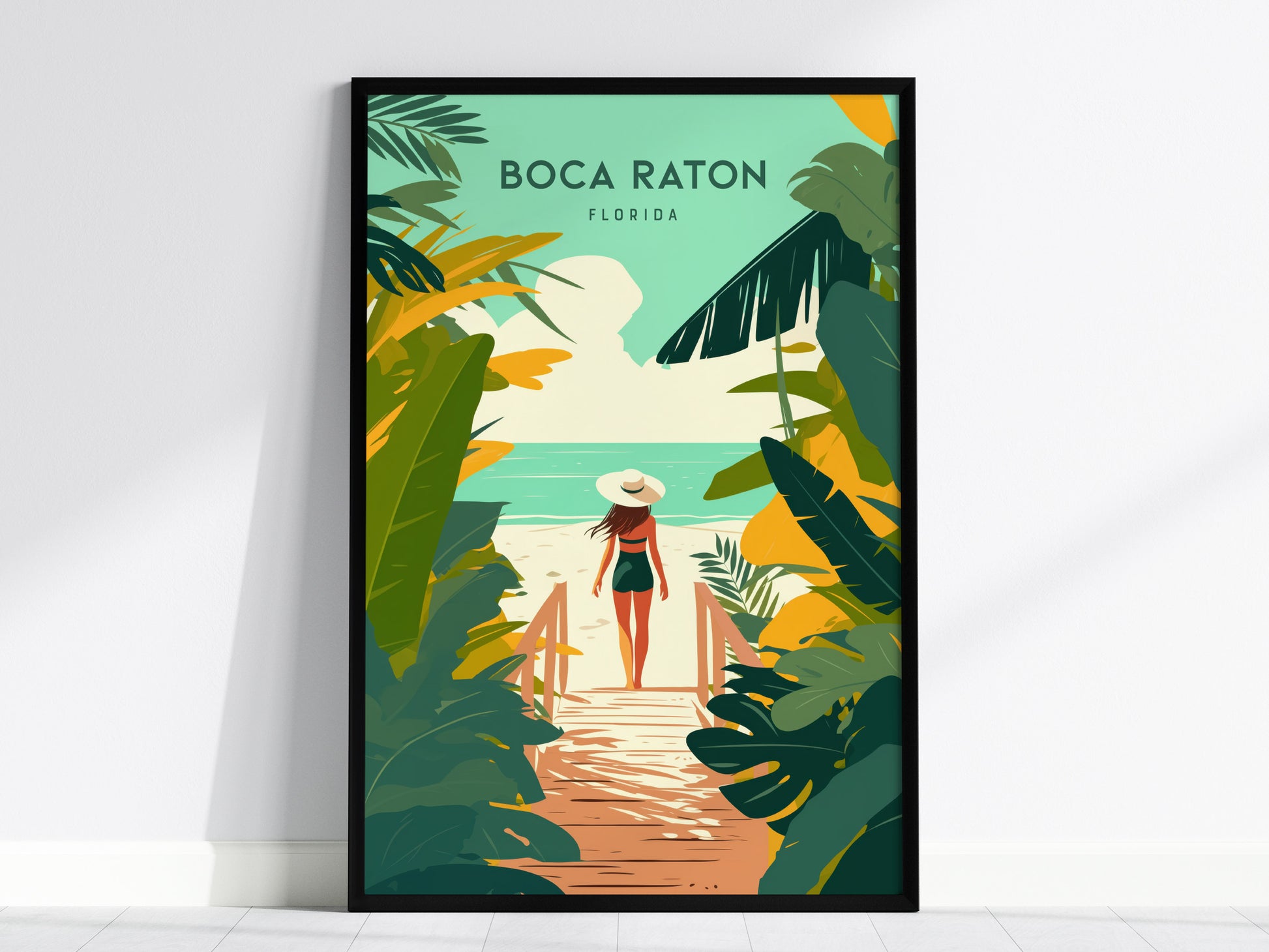 A framed illustration shows a person in a sun hat walking on a wooden path toward the beach, surrounded by tropical foliage, under the text Boca Raton Florida.