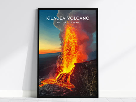 Framed poster of Kilauea Volcano erupting, with vibrant lava and smoke against a colorful sunset sky, titled Kilauea Volcano, Big Island, Hawaii.