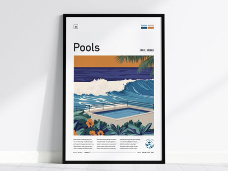 Framed poster featuring an illustration of a wave breaking near a man-made pool, surrounded by tropical foliage, with Pools and Maui, Hawaii text at the top.