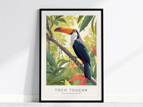 A framed poster features a Toco Toucan perched on a branch amidst lush tropical foliage. The toucans vibrant orange bill and dark blue plumage stand out against the green background.