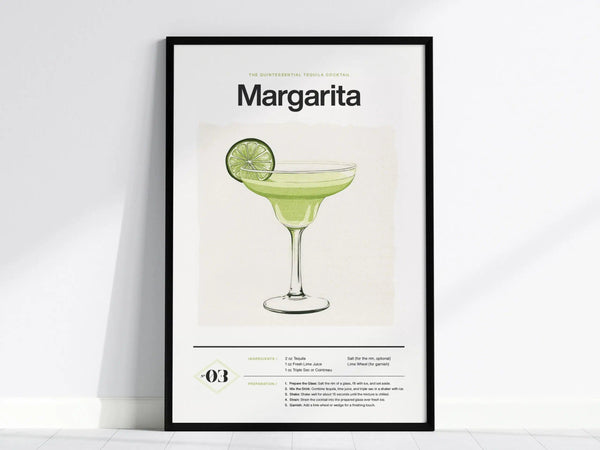 Framed poster featuring a Margarita cocktail illustration with a lime garnish, set against a clean white background. Includes ingredients and preparation instructions in elegant typography.