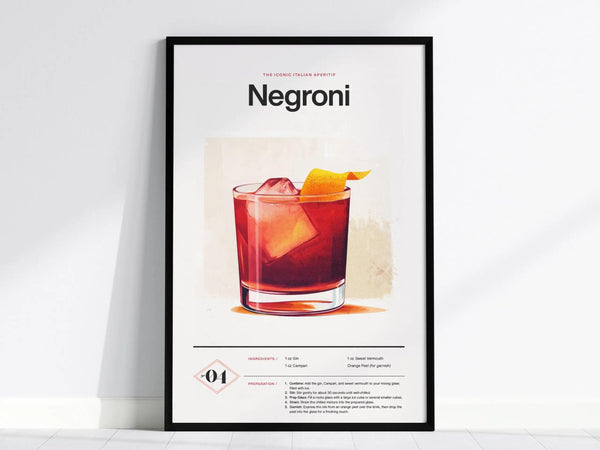 Framed Negroni cocktail poster featuring a vibrant illustration of the drink in a glass with an orange peel garnish, set against a light background. Recipe details are included below.