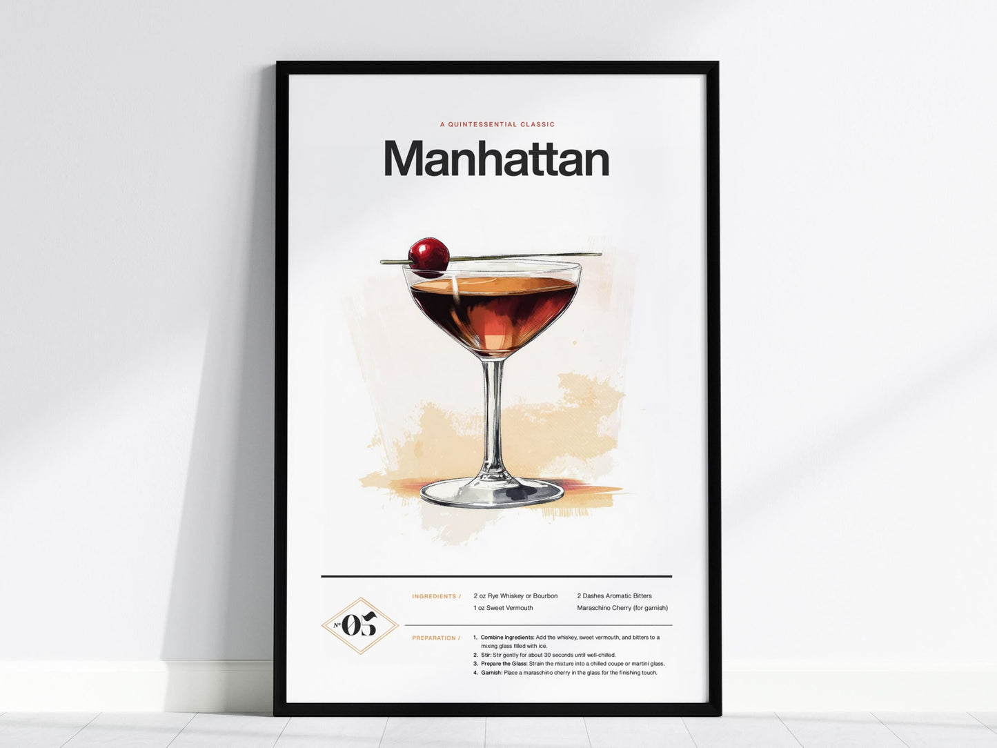 Manhattan Cocktail Framed Poster | Classic Whiskey and Vermouth Recipe Art | Minimalist Bar Decor | Manhattan Lover Gift | Home Bar Design