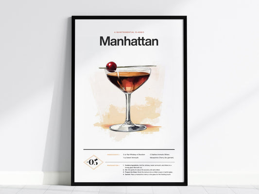 Manhattan Cocktail Framed Poster | Classic Whiskey and Vermouth Recipe Art | Minimalist Bar Decor | Manhattan Lover Gift | Home Bar Design