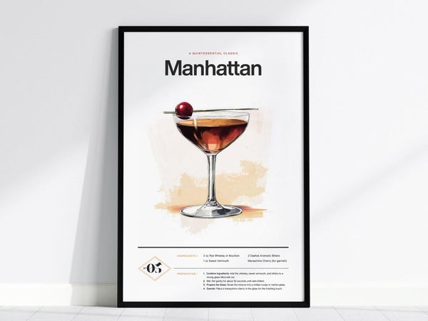 Framed poster featuring a Manhattan cocktail illustration with a cherry garnish, accompanied by recipe text. The design is minimalist with warm tones.