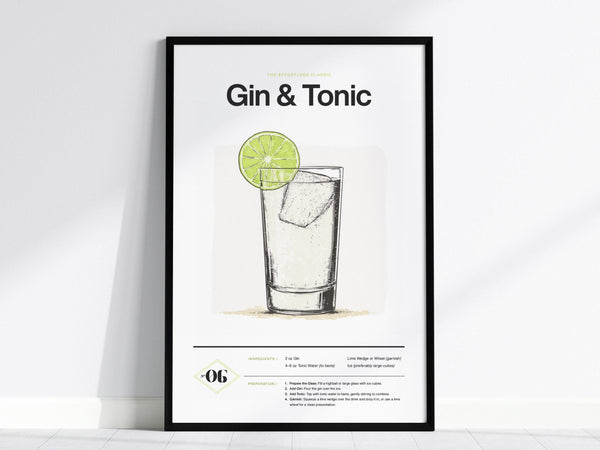 A framed poster displays a minimalist illustration of a gin and tonic cocktail with a lime slice garnish. The design includes the drinks recipe and elegant typography.