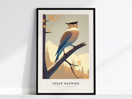 A framed print of a Cedar Waxwing bird perched on a branch is displayed against a soft, natural background. The artwork highlights the birds sleek plumage and distinctive features.