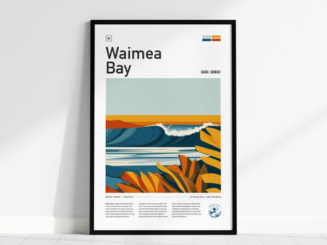 Framed poster of Waimea Bay featuring stylized waves and vibrant tropical foliage, with text Waimea Bay and Oahu, Hawaii on a minimalist design. The focus is on the blue waves.