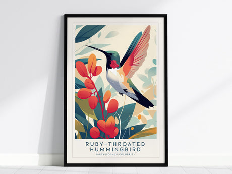 Illustrated poster of a ruby-throated hummingbird with vibrant red and green plumage perched among abstract leaves and flowers. Framed artwork displayed against a light wall.