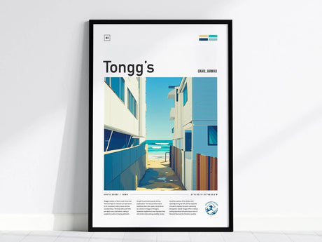 Framed poster of Tonggs in Oahu, Hawaii, featuring an illustration of buildings overlooking a sandy path leading to the ocean. The artwork highlights a sunny coastal scene.